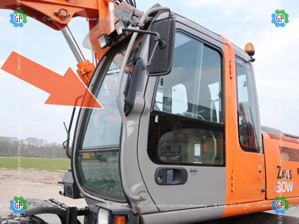 Стекло лобовое верхнее с шелкографией (триплекс) 4448306. 4602562. для Hitachi Zaxis 130W (2003 год), Zaxis 140W (2003 год), Zaxis 160W (2003 год), Zaxis 180W (2003 год), Zaxis 225W (2003 год)