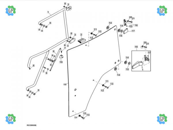 R537491, Стекло левой двери для трактора JOHN DEERE для John Deere 7630, 7730, 7830, 7930, JOHN DEERE 8130, 8230, 8230T, 8330, 8330T, 8430, 8430T, 8530